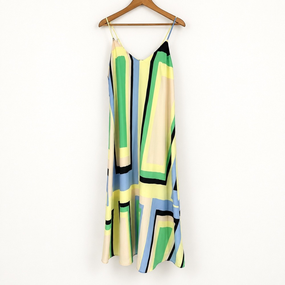 Anthropologie Maeve Small Geometric Abstract Maxi Slip Dress Mod Artsy Resort